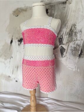 Pink Rhinestoned Dance Costume Set size 7/8, Blinged Out Active Shorts and Bra